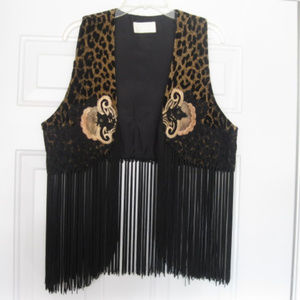 Cache Embroidered Animal Print Long Fringe Vest